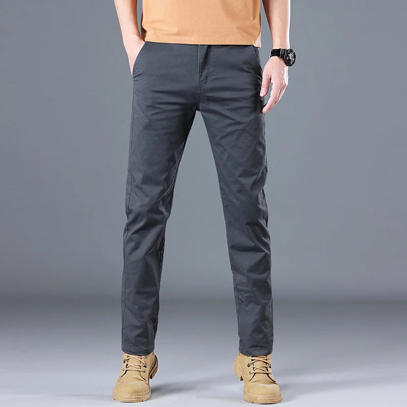 2024 Men's High Quality Pure Cotton Classic Solid Color Casual Pants Business Stretch Cotton Slim Straight Brand Trousers Male