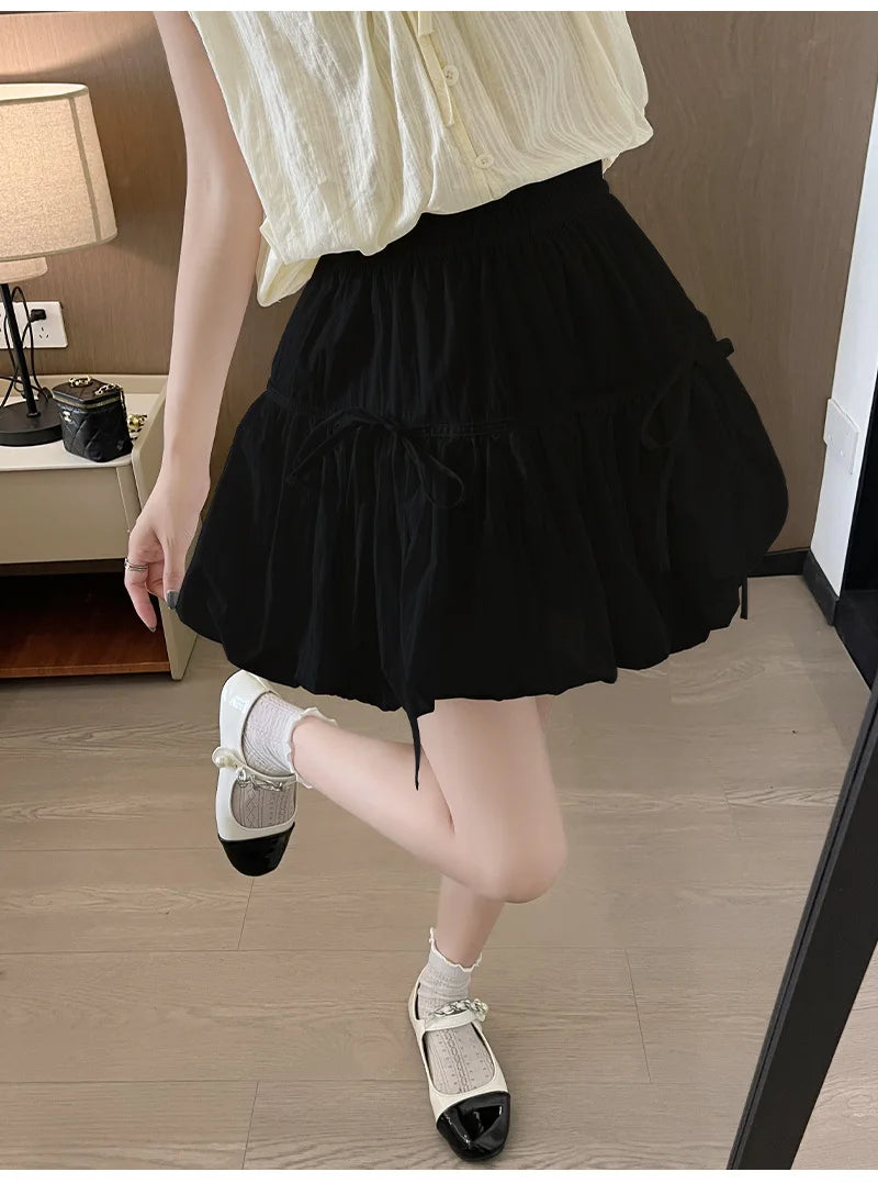 Sweet Bow Pleated Fluffy Skirts for Women Summer Korean Style Elastic Waist Lantern Skirt Woman Loose White A-Line Short Skirts