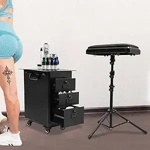 Rolling Makeup Train Case w/Tattoo Armrest Stand,Beauty Trolley Case with 3 Drawers, 4 Universal Wheels, and Combination Lock