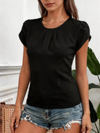 Women Chiffon Blouse Black Round Neck Pleated Puff Sleeve Top Loose Fit Casual Chic Shirts Tops Spring Summer Office Daily Wear
