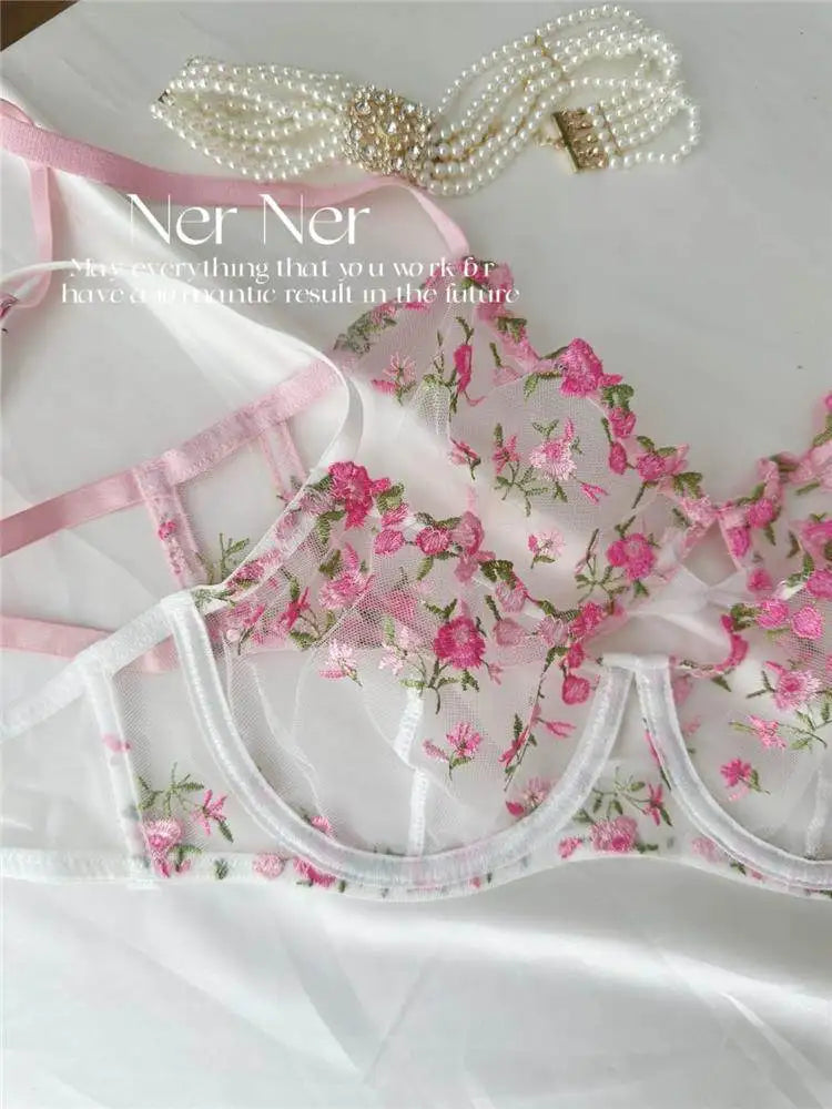 YUQI French Luxury Lingerie Set - Sexy Floral Embroidery Black Bra & Panty Set, Sheer Transparent Seductive Women's Intimates