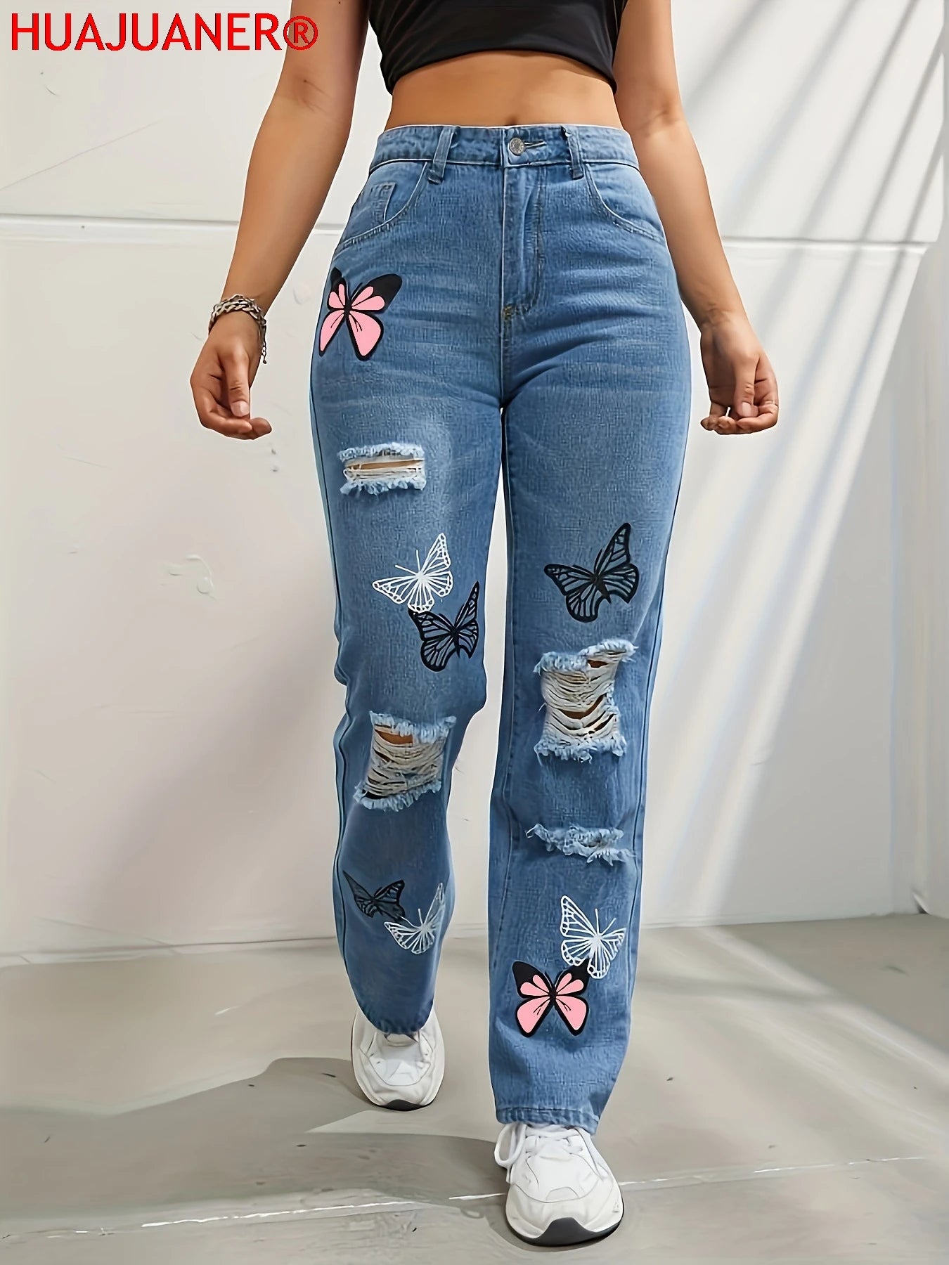 Butterfly Printing Denim Trousers Women Holes Jeans Straight Pants High Waist Loose Fit Vintage 2026 Casual Distressed Denims Secondary image