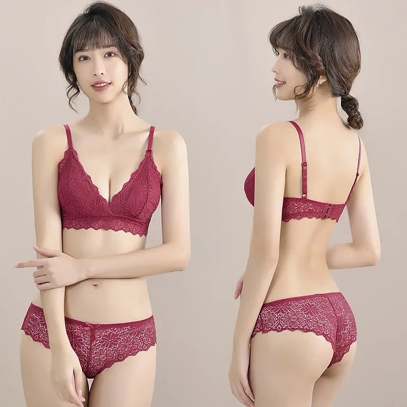 Women Push-Up Bra Set Sexy Lingerie Floral Lace Wire Free Bralette Low Rise Panties Sexy Briefs Female Underwear Intimates