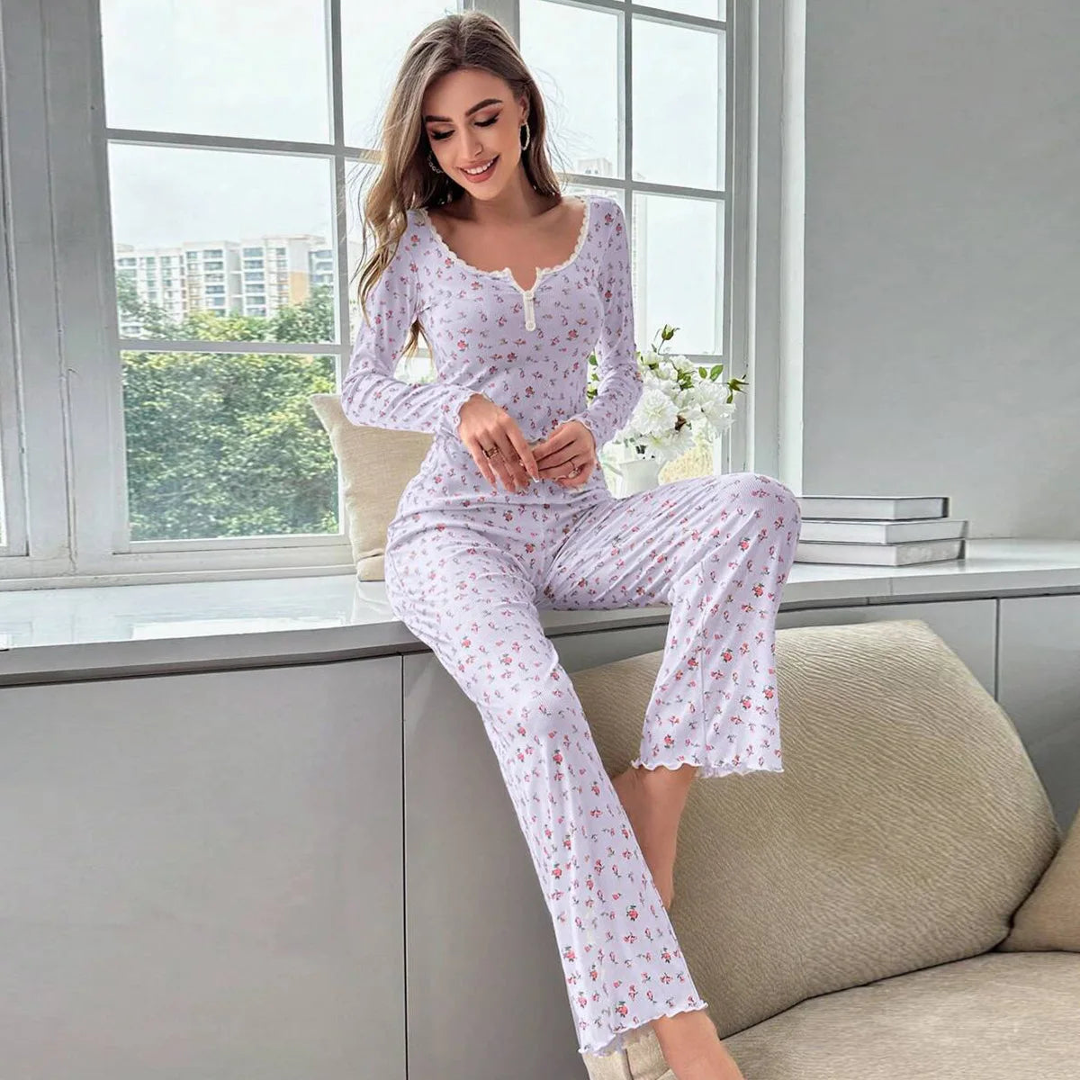Women's Pajama Set Lace Buttons Trims Sleepwear Slim Long-sleeved Trousers Floral Print Stylish sexy Loungewear Nightwear Pyjama