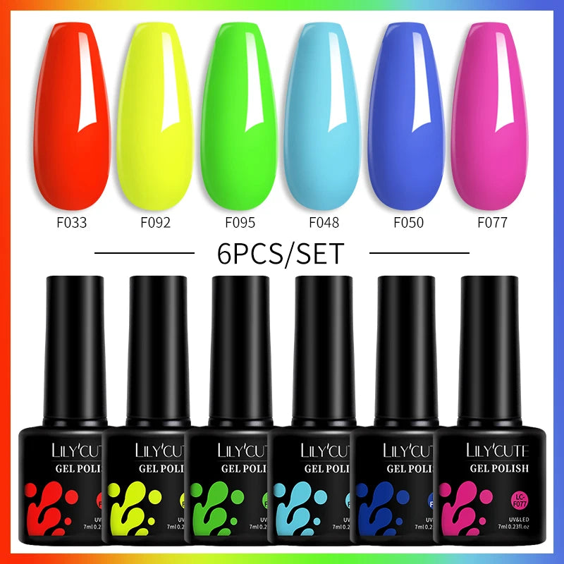 LILYCUTE 7ML 6PCS Neon Gel Nail Polish Set fluorescent Series Color Changing Semi Permanent Soak Off Manicure kit Nail Art Gel