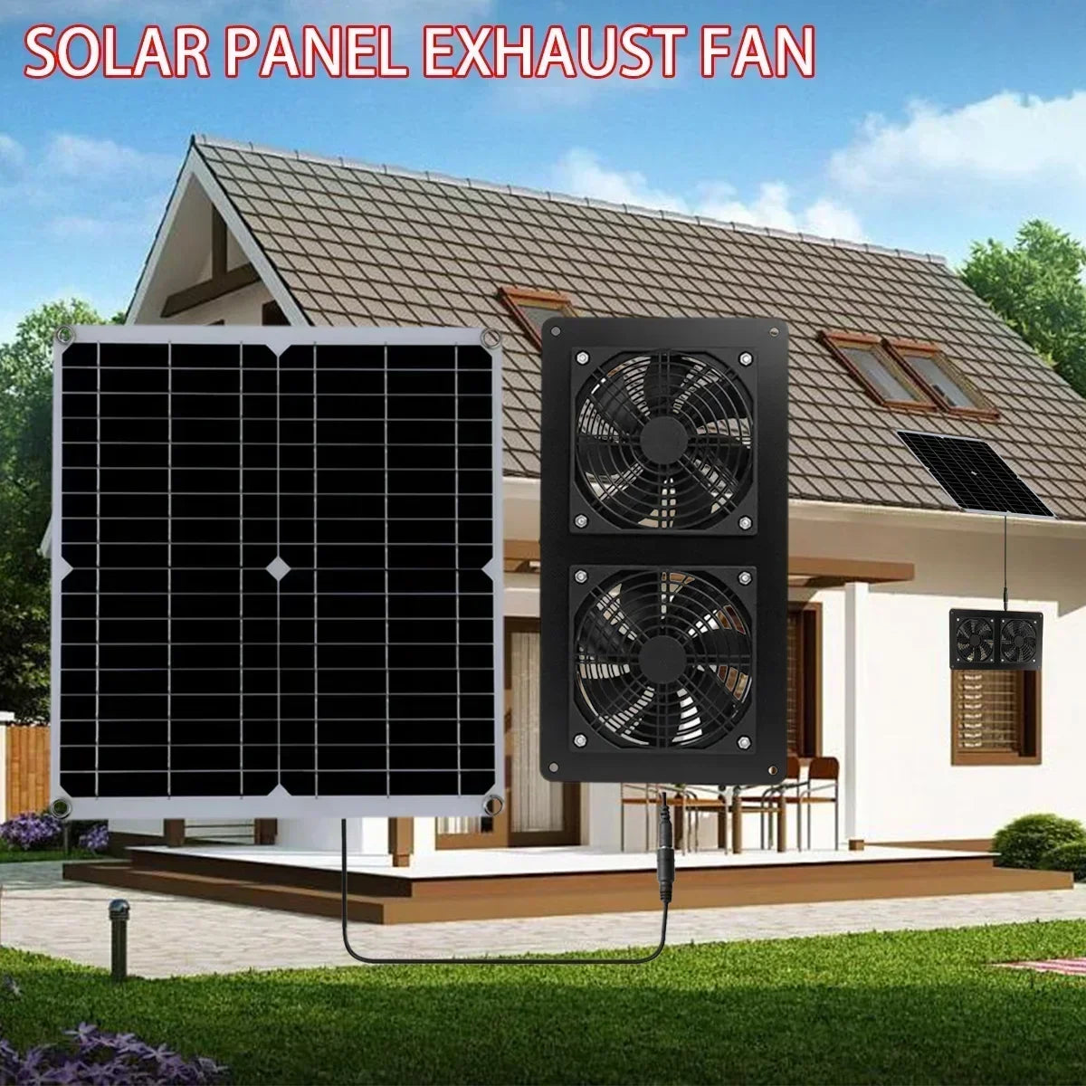 High Efficiency Outdoor Solar Panel Dual Exhaust Fan for Dog Warehouse RV Greenhouse Fan Air Pump Cooling Temperature