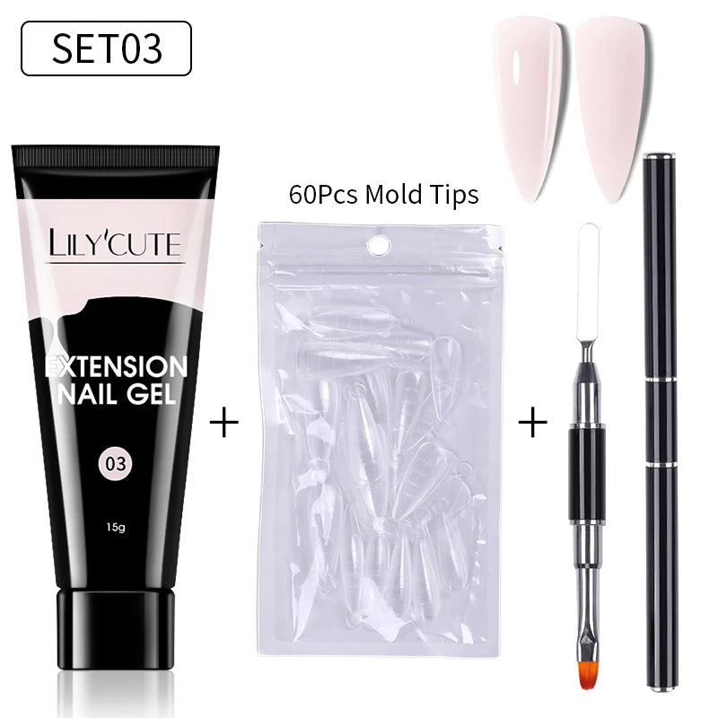 LILYCUTE 15ml Extension Gel Nail Polish Set Quick Nail Prolong With Extend Mold Nail Tips Acrylic Solution Manicure Tools Kit
