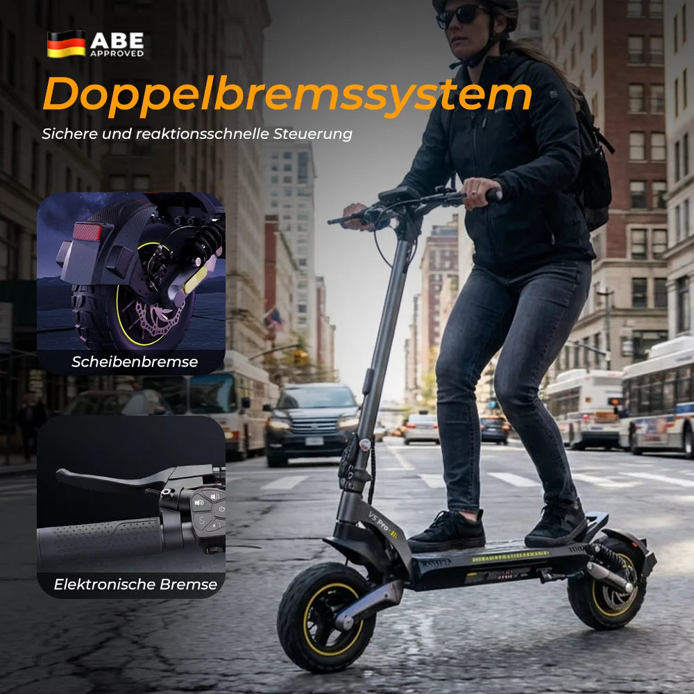 V5Pro Offroad E Scooter 10 Zoll ABE zertifiziert 500W 48V12.5Ah Geländereifen Dual Federung E Bremse Voltix APP Deutschland