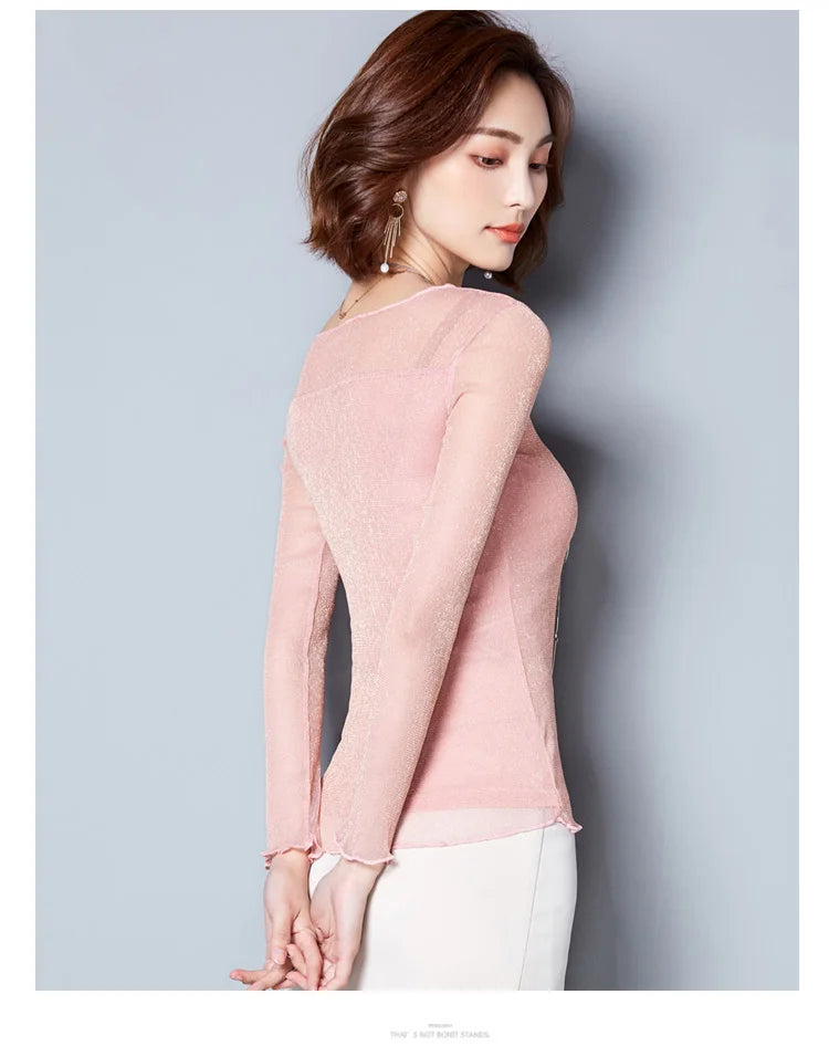 Glitter Mesh Blouse Sexy Womens Shirts Long Sleeve Tops Korean Black Pink O-Neck Elegant Slim Blouse Camisas Femininas