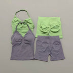 2 Pieces Sports Set Women Backless Halter Tops Fitness Tank Top High Waist Seamless High Stretch Shorts Gym Workout Sets