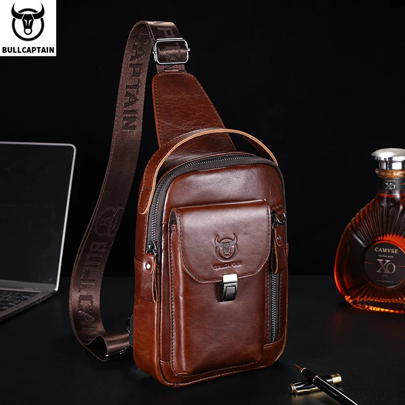 BULLCAPTAIN Men's Genuine Leather Chest Bag Casual Retro 7.9-inch Mobile Phone Bag Multifunctional Anti-Theft Crossbody Bag Image principale du produit