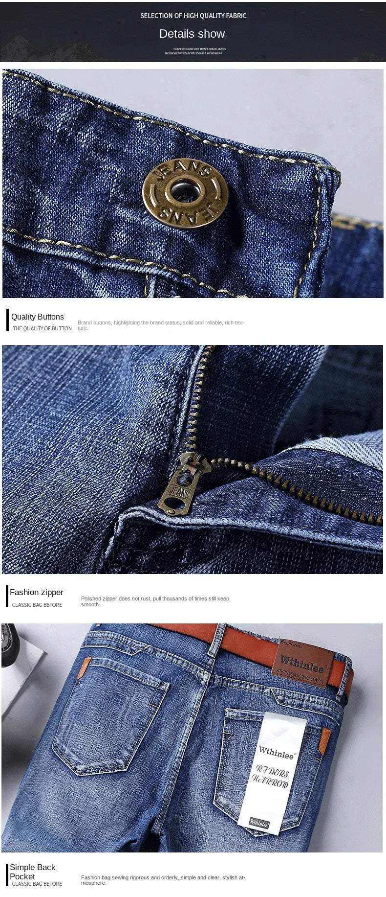 2024  Straight Regular Blue Stretch Denim Trousers Spring Autumn Men Classic Jeans Business Fashion Men's Smart Jeans