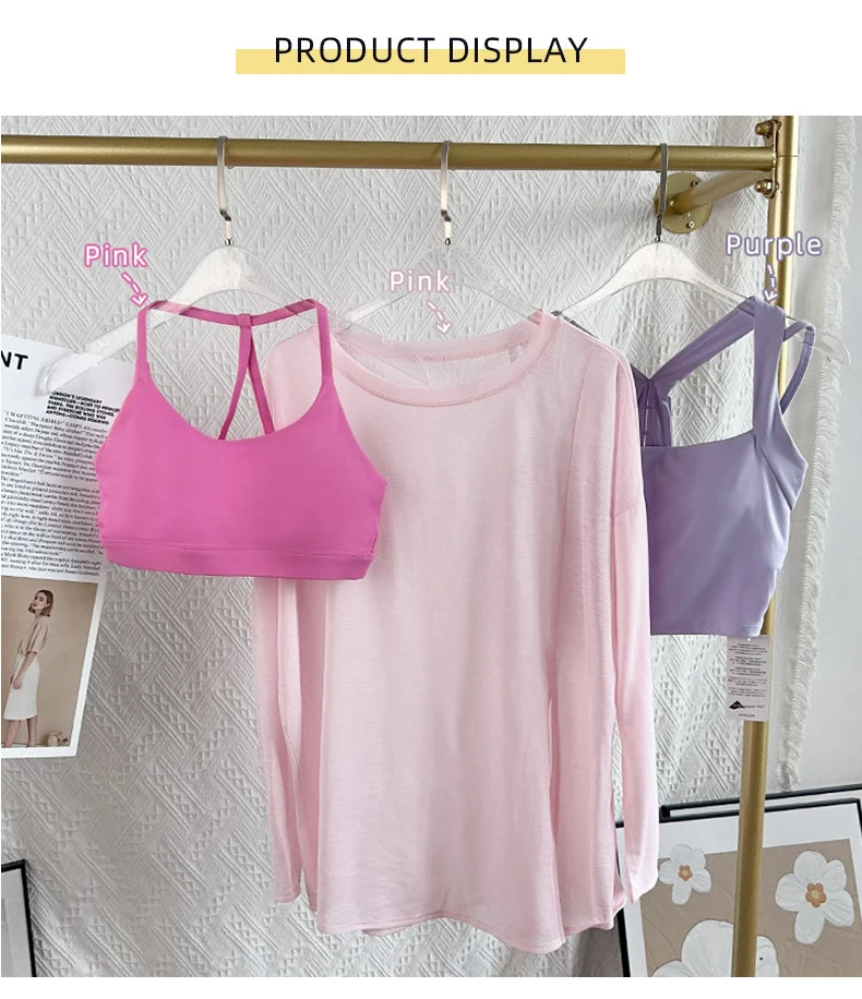 Women's Yoga Shirts Sports Tops Long Sleeve O-neck Breathable Running Shirt Loose Fitness Clothes Gym Sportwear Pilates T-shirts