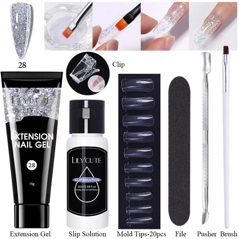 LILYCUTE 15ml Extension Gel Nail Polish Set Quick Nail Prolong With Extend Mold Nail Tips Acrylic Solution Manicure Tools Kit
