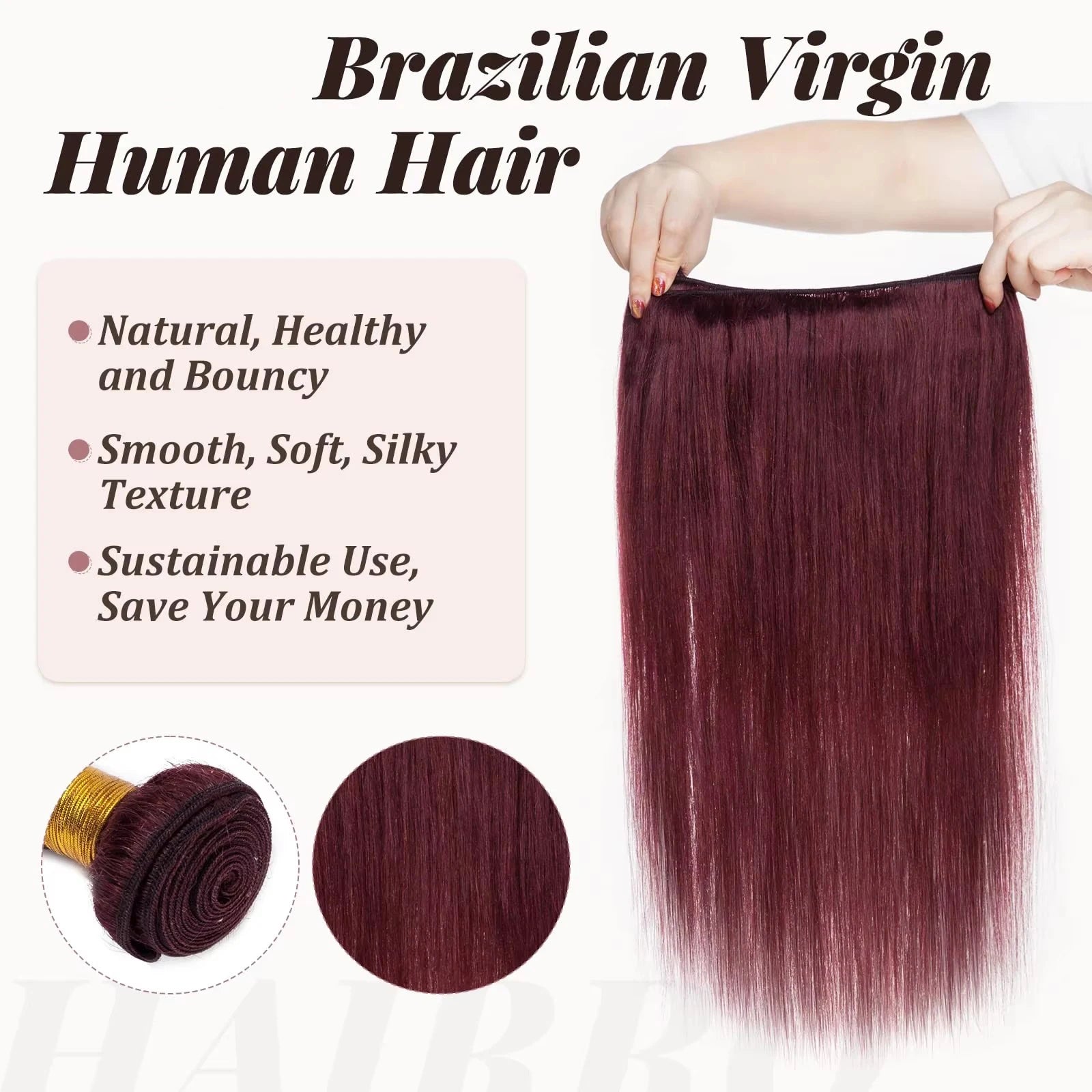 Wine Red #99J Remy Human Hair Weave 16-28 inch Long Silky Straight  Unprocessed Virgin Brazilian Hair Weft Extensions for Women Secondary image
