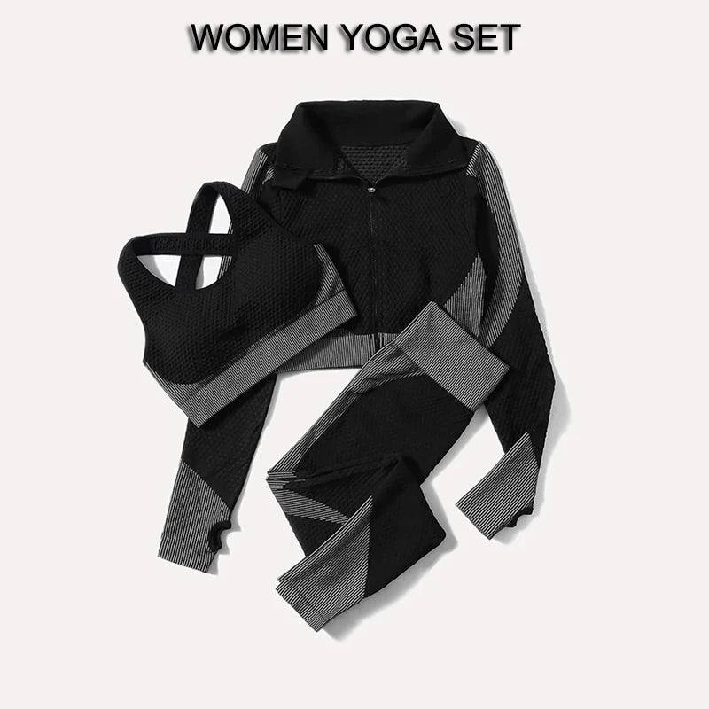 2/3Pcs Women Yoga Suit Seamless Knitted Yoga Pants Leggings Clothing Zipper Long Sleeve Crop Top Fitness Wear Sportswear Gym Set