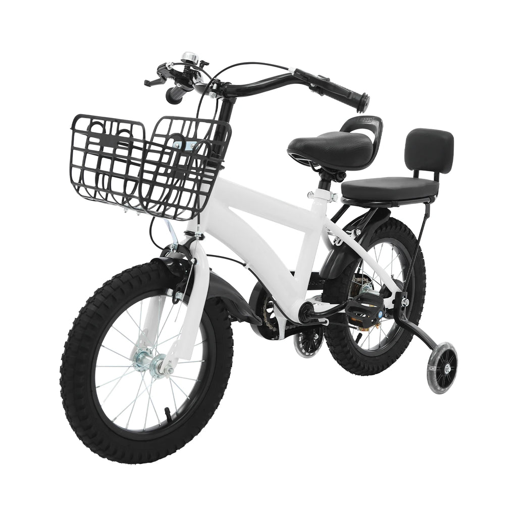 14" Kids Bike Adjustable Children's Bicycle Load 60kg w/Training Wheels+Basket+Backrest Rear Seat for 3-7 Year Old (White/Black)