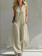 Jumpsuits women 2026 rompers Double-pocket casual linen cotton sleeveless long jumpsuits women's clothing