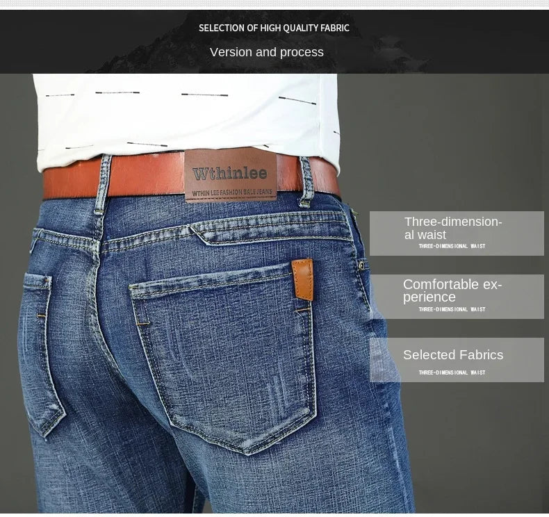 2024  Straight Regular Blue Stretch Denim Trousers Spring Autumn Men Classic Jeans Business Fashion Men's Smart Jeans
