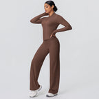 2pieces Quick Drying Sports Fitness Clothing Yoga Set Women Yoga Zipper Long Dleeves High Waisted Breathable Wide Leg Pants Set