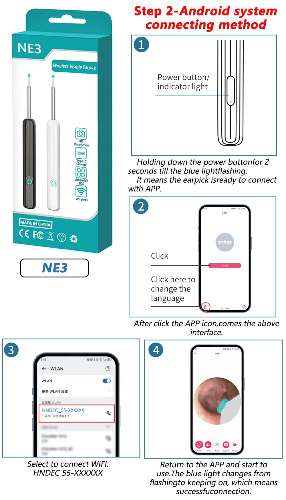 Smart Visual Ear Cleaner HD Ear Sticks Otoscope USB C Charging Endoscope Wax Removal Tool Earpick MIni Camera Health Care Set