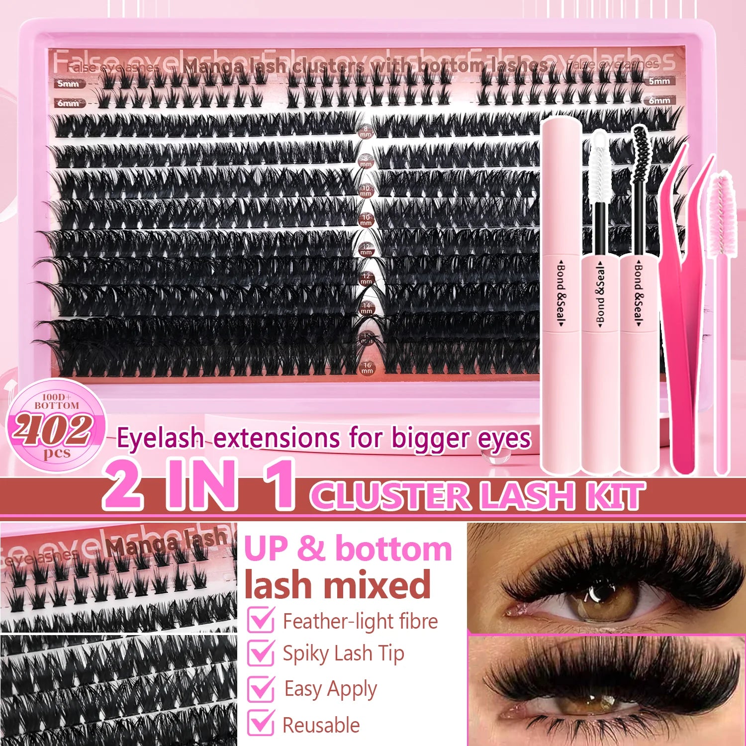 60/402PCS 100D Eyelash Set with Lower Eyelashes Thick & Comfortable for Daily Wear Party Wedding Night Makeup Lash Extensions
