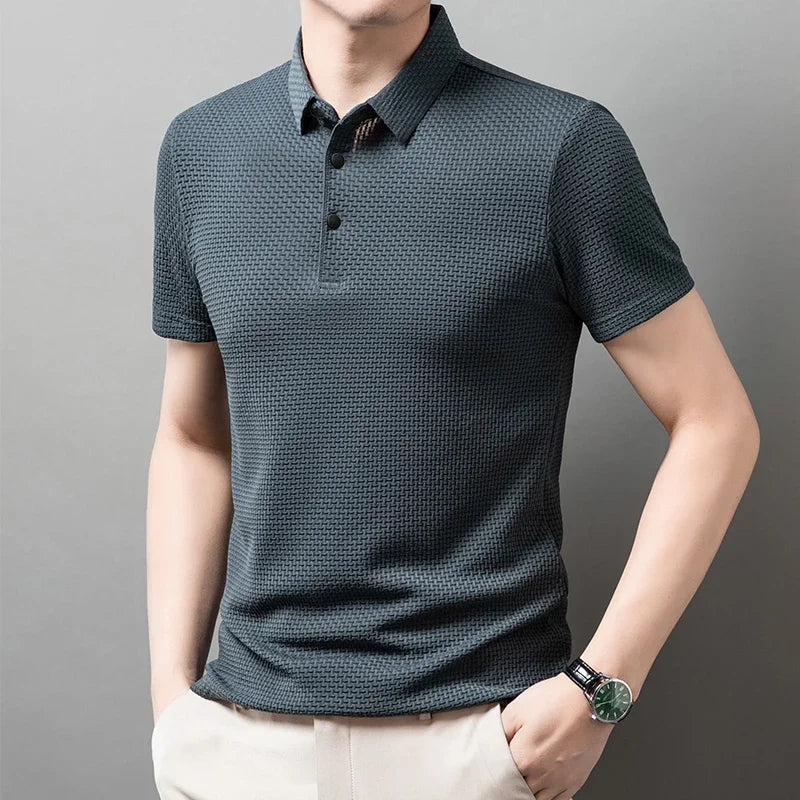 New Men's Business Casual Short Sleeved Bone Flower Solid Color POLO Shirt Fashion Breathable Comfortable Summer Versatile Top