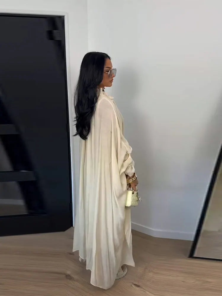 Maxi Dress Women's Dresses Batwing Sleeve Beige Ruffle Tie Neck Pleated Oversized Woman Clothes Casual Wear Summer Outfit