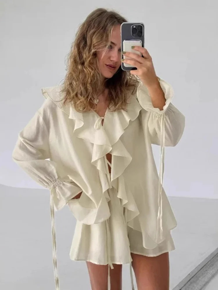 Casual Shorts Two-piece Set For Women Ruffled Loose Tie Top Simple Shorts Set OL Office Lady Summer Female Shorts Suit