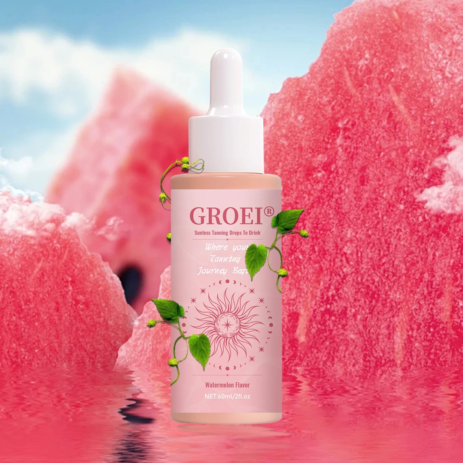 GROEI 60ml Sunless Tanning Drops to Drink - Natural Watermelon Flavor, No Sunlight Needed, Easy-to-Use Skin Glow Solution