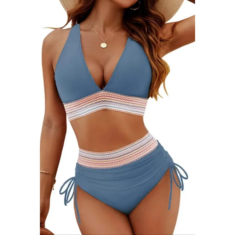 Sexy Deep V-Neck Bikini Swimsuit Set Women 2026 Summer Beach with Chest Cushion Swimwear High Waist Drawstring Triangle Bikini