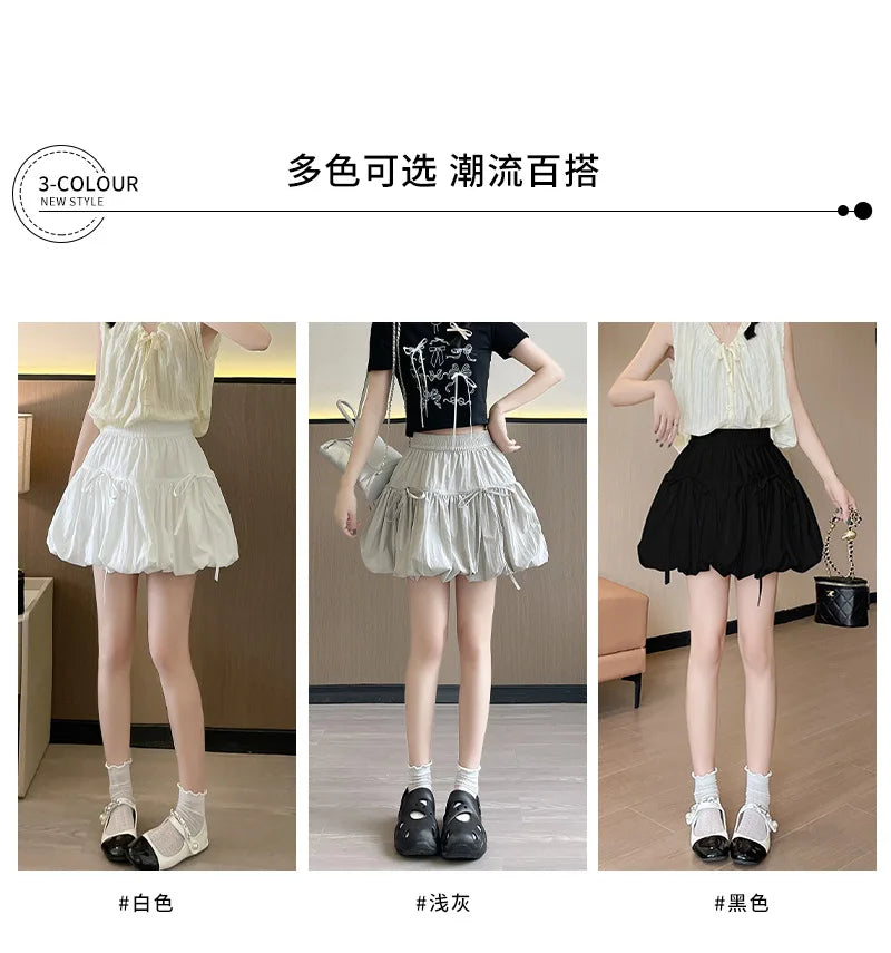 Sweet Bow Pleated Fluffy Skirts for Women Summer Korean Style Elastic Waist Lantern Skirt Woman Loose White A-Line Short Skirts