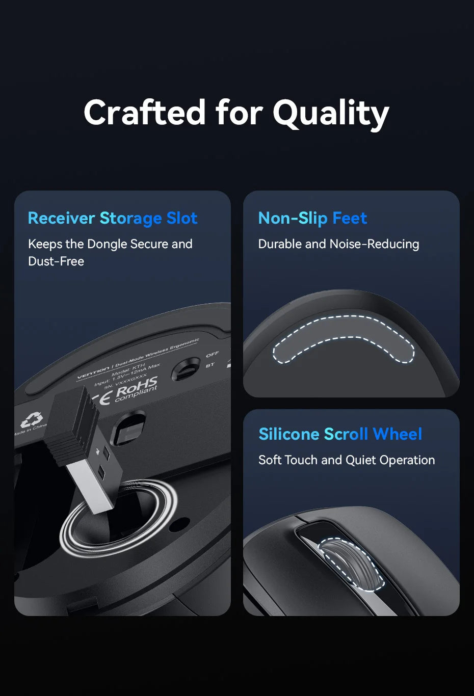 Vention Wireless Bluetooth 5.1 Mouse USB 2.4G Dual-Mode Ergonomic 4000 DPI Mute 6 Button Mouse for MacBook Tablet Laptop PC Mice