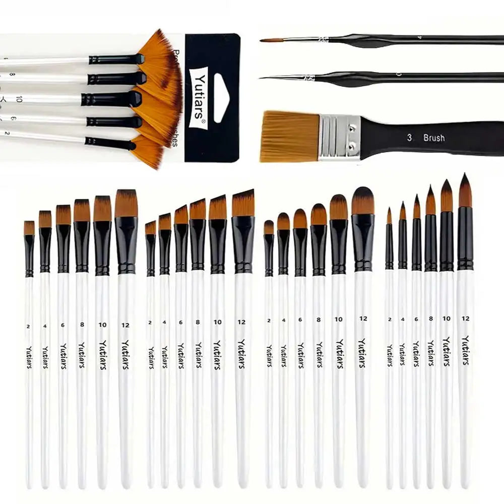 32pcs White Artist Brush Set - Round, Angle, Flat, Fan & Detail Brushes. Multi-functional for Acrylic, Oil, Watercolor, Gouache Image principale du produit