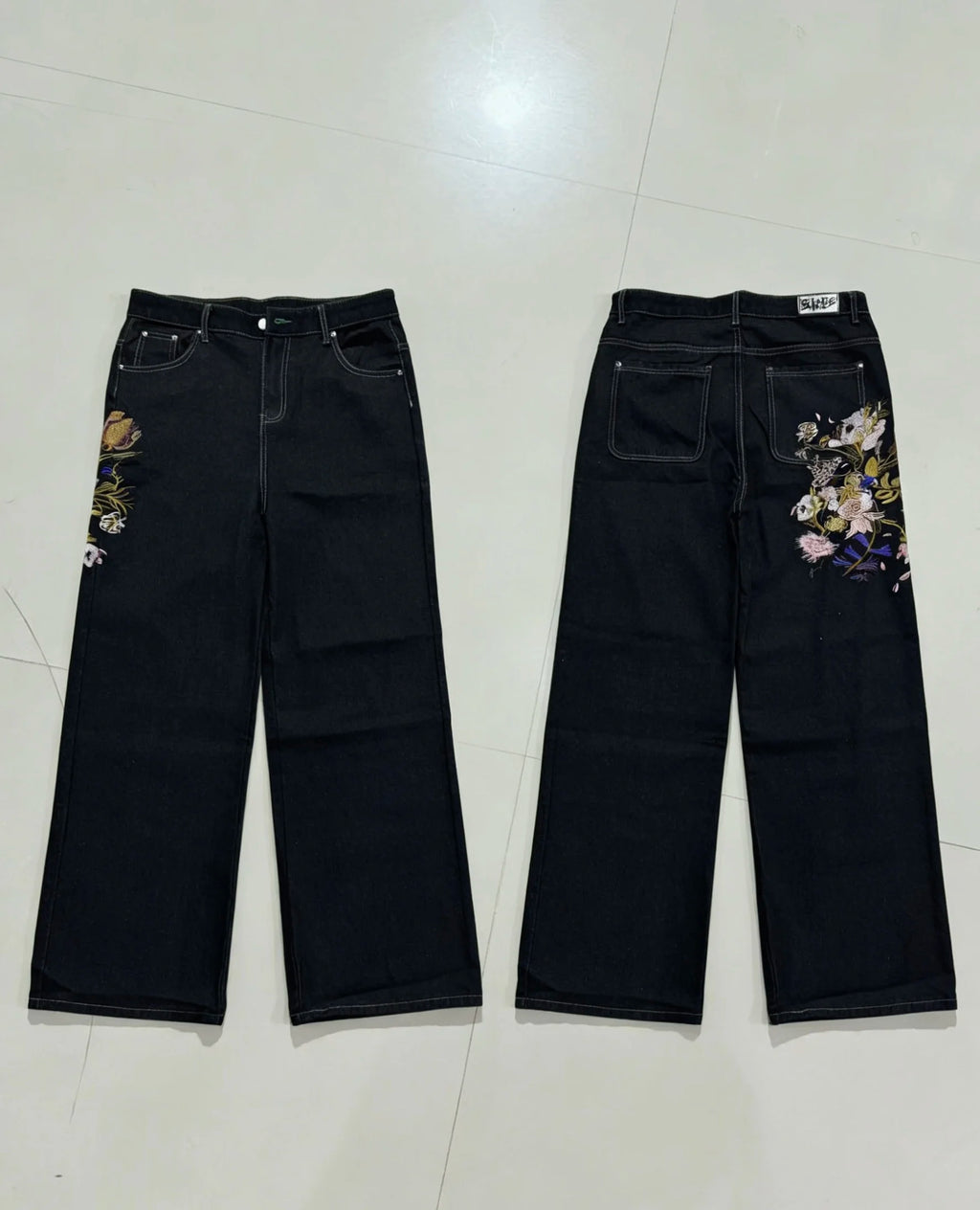 Y2K Black Washed Embroidered High-waisted Oversized Jeans Men European and American Retro Classic Loose Wide-leg Straight Pants