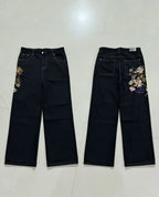 Y2K Black Washed Embroidered High-waisted Oversized Jeans Men European and American Retro Classic Loose Wide-leg Straight Pants