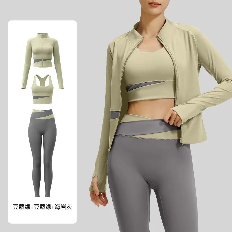 Yoga Set 3PCS Gym Clothes Sportswear Yoga Suits For Women Long Sleeve Crop Top Fitness Set Tracksuits Sports Bra Gym Leggings Main image