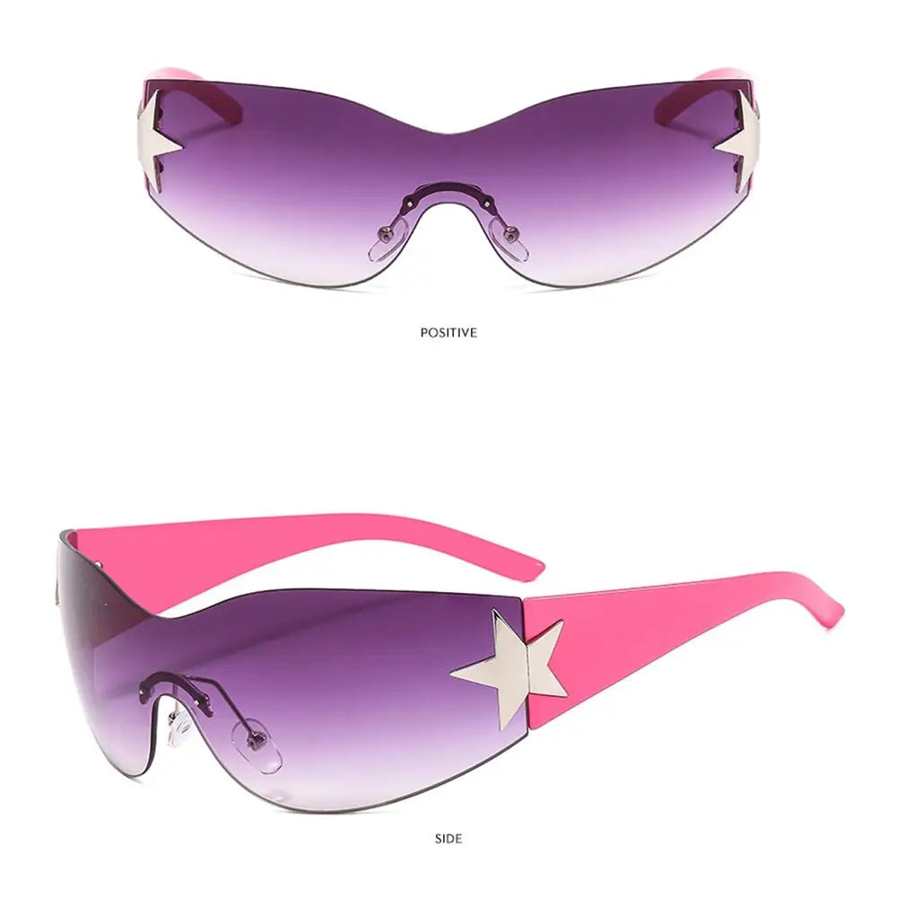 New Y2K Rimless Punk Sunglasses Goggle Women Men Luxury Brand Wrap Around Sun Glasses Five Star Eyewear Sports One Piece Shades