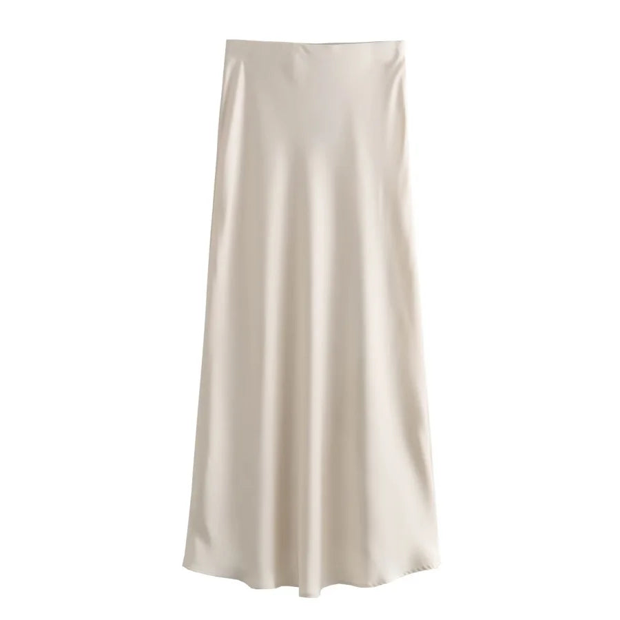 ETJ 2025  Women's spring new elegant fashion all-in-one stretch high-waisted A-line silk satin sag skirt multi-color option
