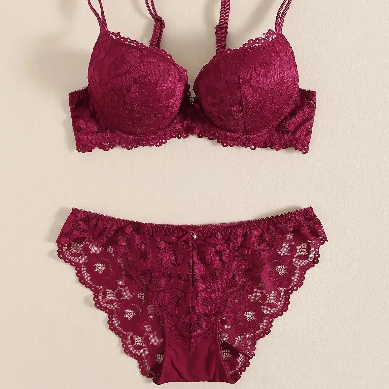 1 Set Elegant Lace Embroidery & Breathable Fabric Lingerie Set: Push-Up Bra, Drop Waist Sheer Panty - Ultimate Valentine's Day Main image