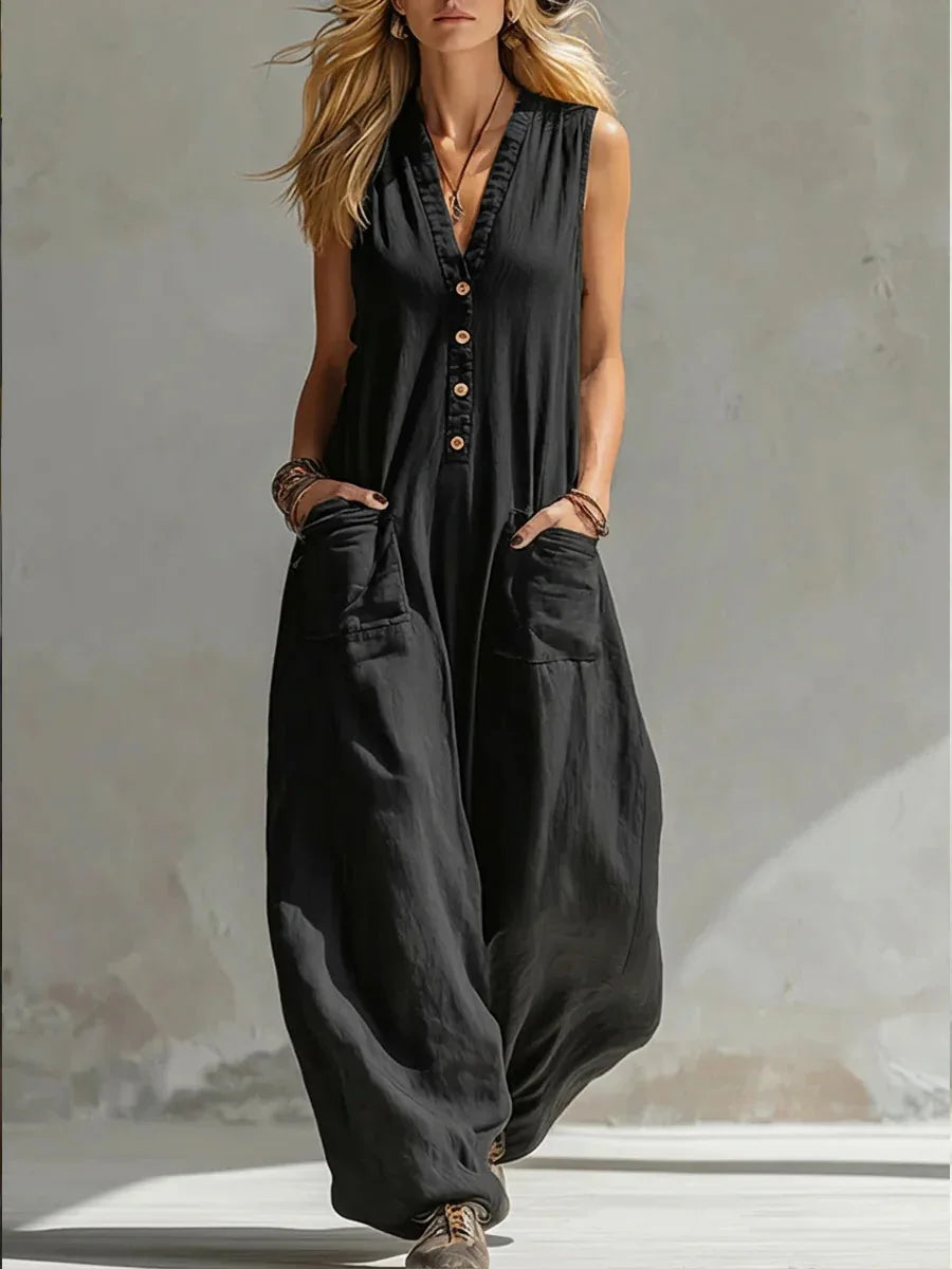 Jumpsuits women 2026 rompers Double-pocket casual linen cotton sleeveless long jumpsuits women's clothing