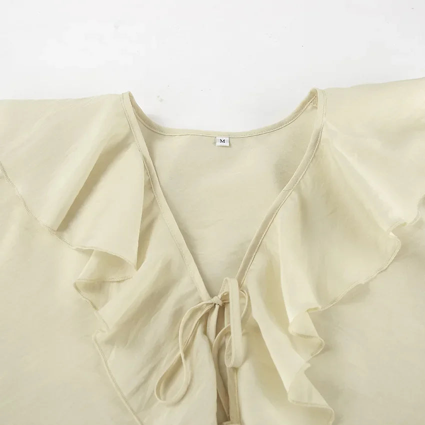 Casual Shorts Two-piece Set For Women Ruffled Loose Tie Top Simple Shorts Set OL Office Lady Summer Female Shorts Suit