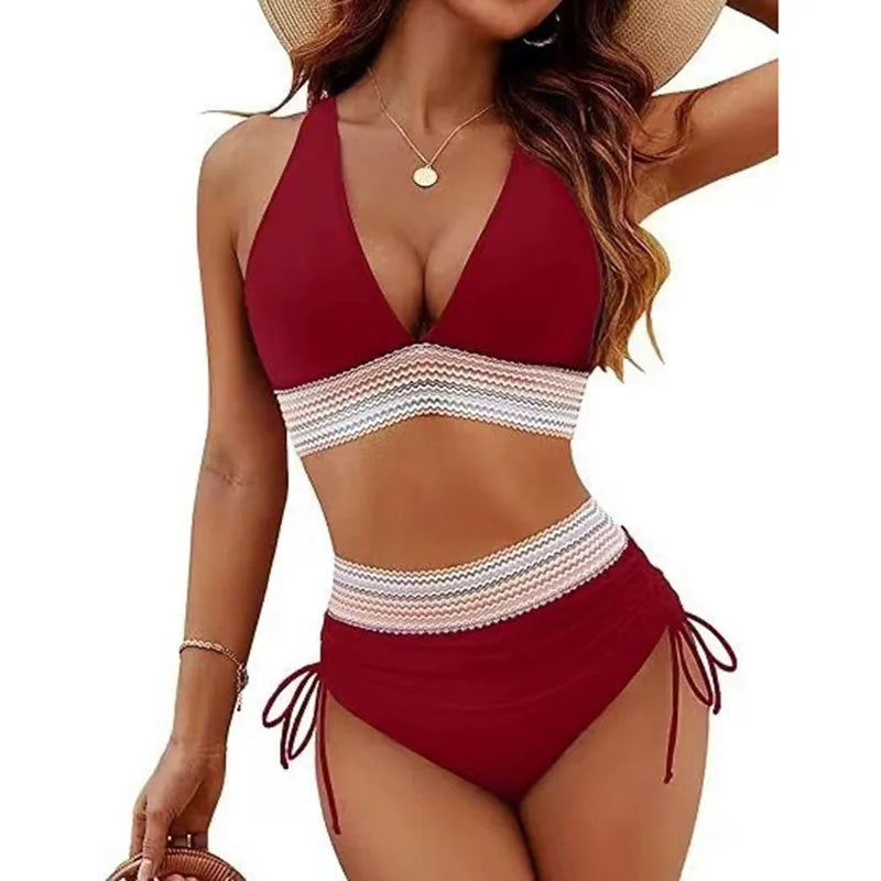Sexy Deep V-Neck Bikini Swimsuit Set Women 2026 Summer Beach with Chest Cushion Swimwear High Waist Drawstring Triangle Bikini