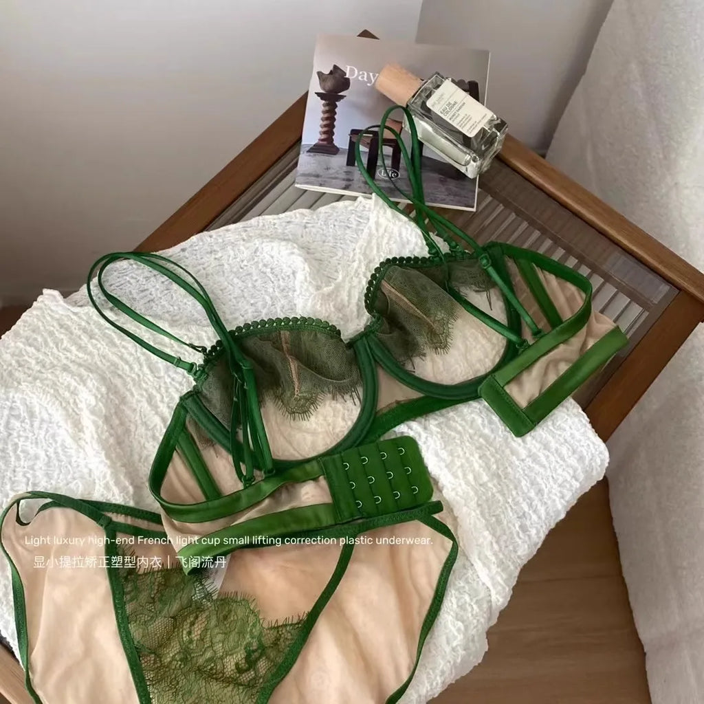 Japanese Light Luxury Backless Lace Bra Set - Ultra-Thin Half Cup Minimizer Sheer Mesh & Lace Lingerie Last 50 Sets  Flash Sale