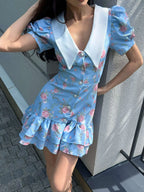 Tossy Printed Lapel Fashion Mini Dress Women's Short Sleeve Patchwork Contrast Elegant Summer Dress 2025 Female Bodycon Dress