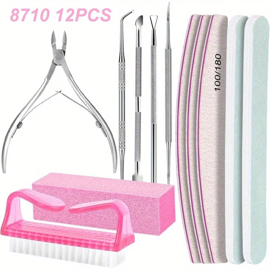12Pcs/lot Nail Art 100/180 Grit Professional Files Buffer Sponge Block Brush Nail Scissors Kit With Cuticle Nipper Pushers
