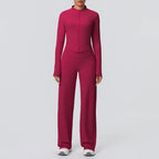 2pieces Quick Drying Sports Fitness Clothing Yoga Set Women Yoga Zipper Long Dleeves High Waisted Breathable Wide Leg Pants Set