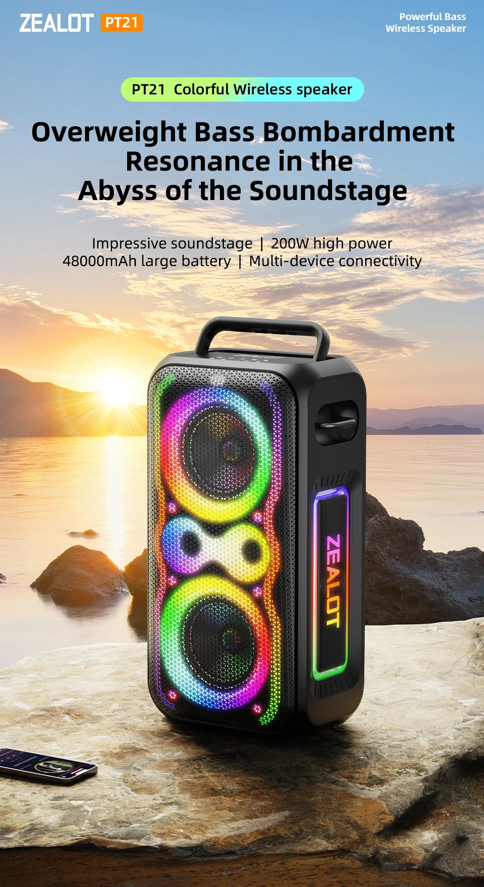 ZEALOT-PT21 200W Wireless Bluetooth Speaker , Portable Outdoor Speakers Loud with Bass Boost, Stereo Pairing, Reverse Charging,