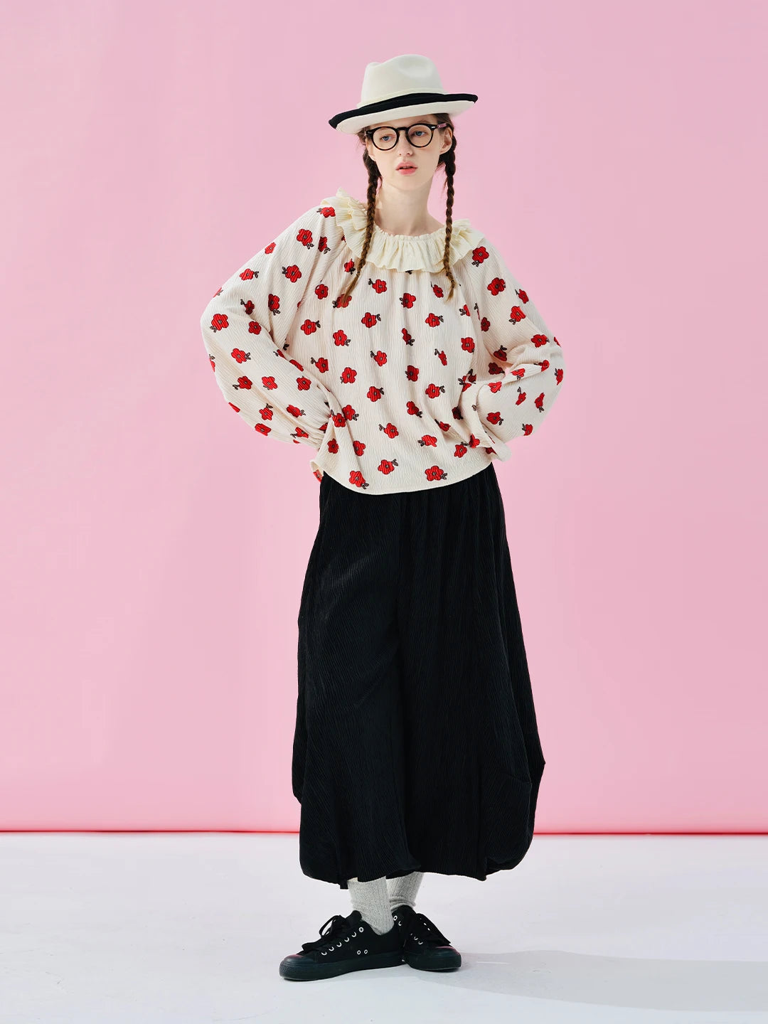 IMAKOKONI Original Design Collar Floral Long Sleeve Hoodie T-shirt for Summer Women 244968