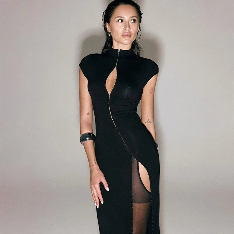 Black High Slit Dresses Half Turtleneck Zipper Slim Hip-Wrapped Long skirt Sexy Hot Girl Nightclub Dress For Women Streetwear